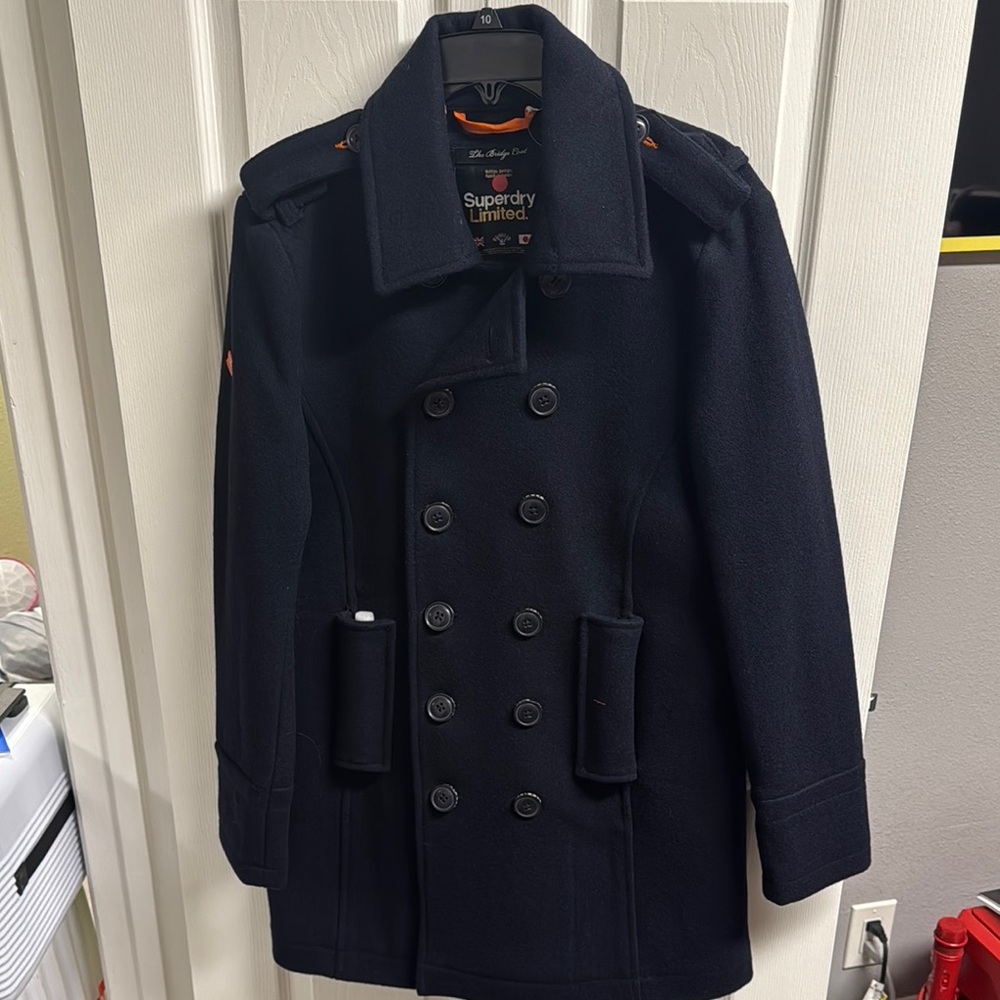 Superdry Blue Pea Coat Double-Breasted Winter Jacket
